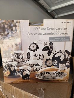 16-Piece Black & White Floral Butterfly Dinnerware Set – Service for 4
