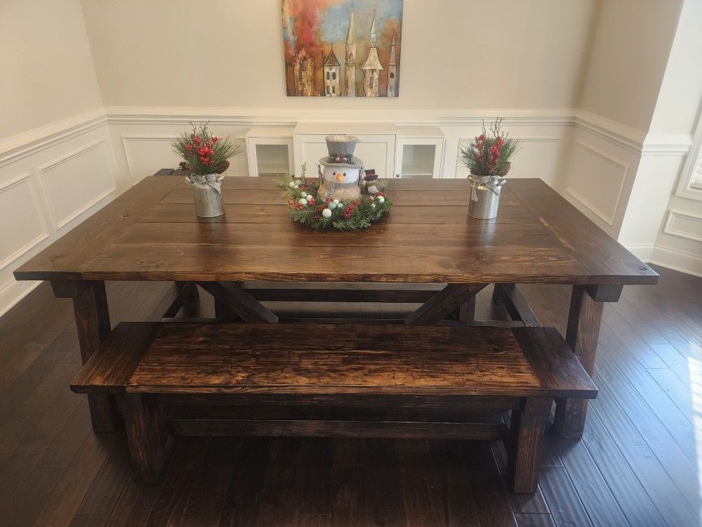 Farm style table and two benches