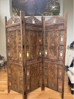 Intricately Carved Wooden Room Divider / Folding Screen with Bells (Boho/Eclectic)