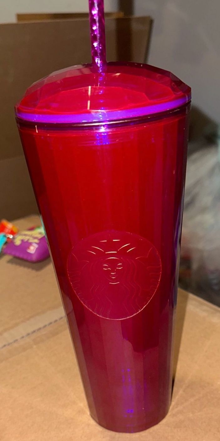 Starbucks Purple/Red Iridescent Faceted Tumbler 24oz – New with Straw