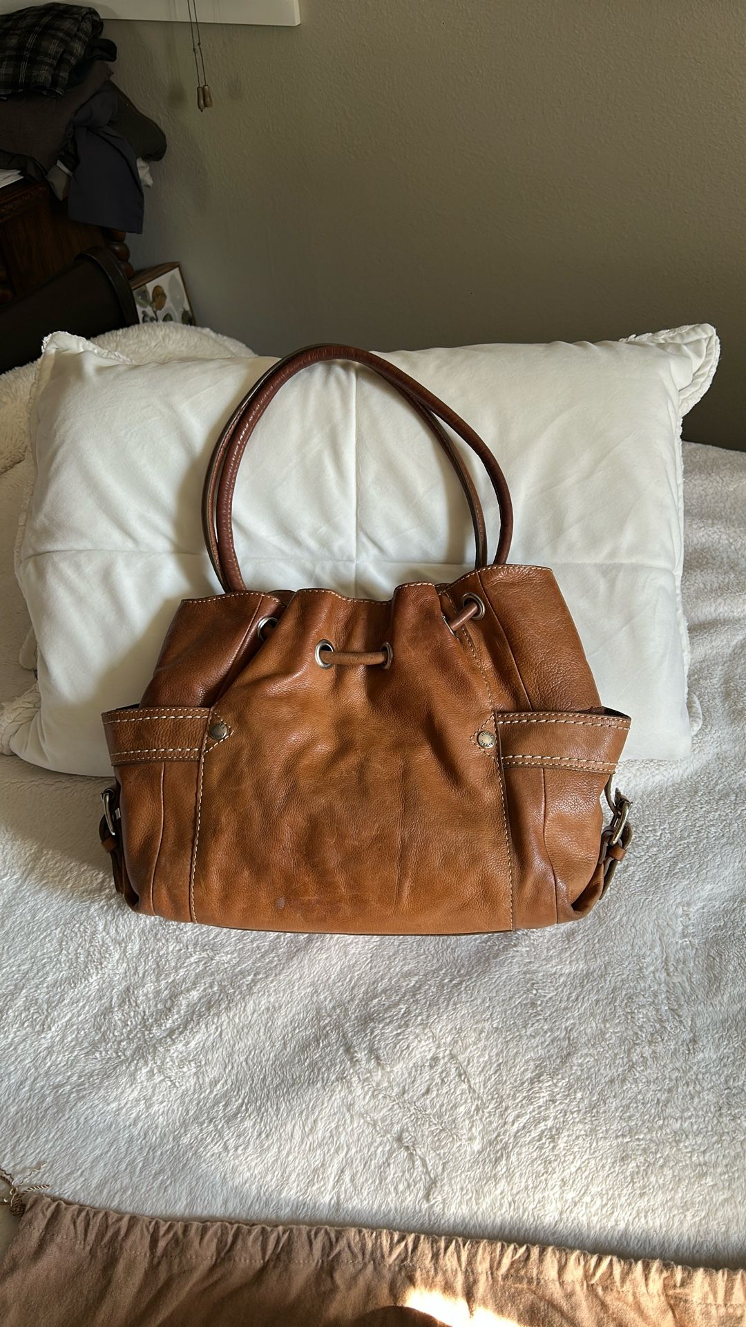 Fossil Tan Leather Hobo Bucket Bag