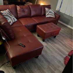 Red Leather L Shaped Sectional Couch 