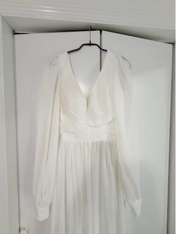 Women’s White Solid V-Neck Long Sleeve Maxi Dress Lace-Up Back Size L