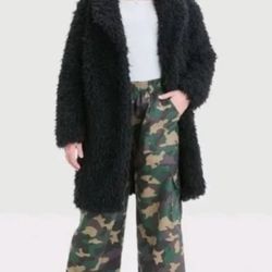 $12!!Art  Class M(8)  Girls Long Faux Fur Coat Jacket Black 