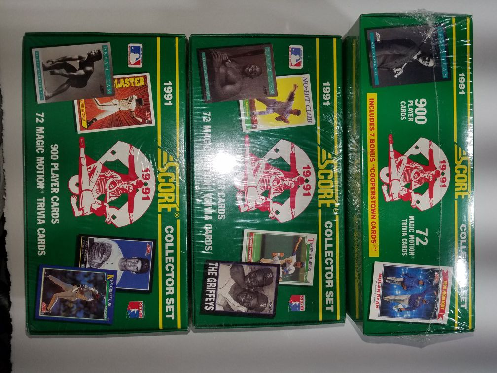 3 sealed 1991 MLB Score Collector's sets 900 cards, 72 magic motion trivia cards 7 bonus Cooperstown cards