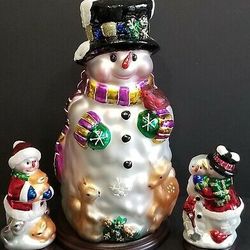 QVC Thomas Pacconi Snowman Blown Glass Christmas Figurine with Wood Base - Set of 3 in Original Box