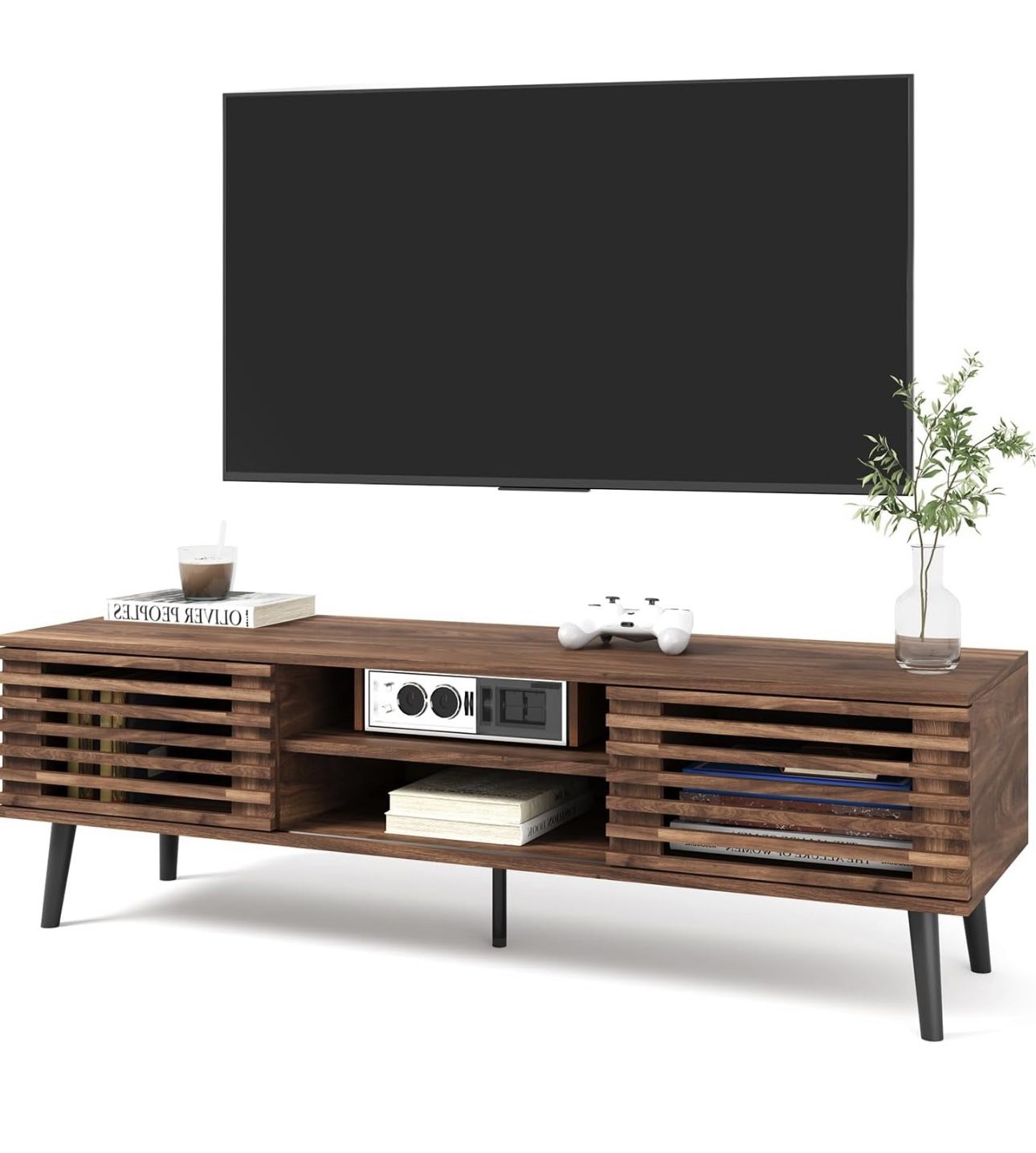 HAIOOU Mid Century Modern TV Stand, 52" Wooden TV Console with Slatted Sliding Doors and Storage for 50/55/60 Inch TV, Small Entertainment Center Medi