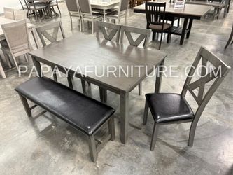 6-Pcs Dining Set, Wood Dining Set, 4 Chairs , 1 bench with  a Table, Kitchen Furniture, Casual dining room set, Matching Dining Chairs Set