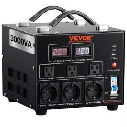 225}Power Converter, 3000W, Durable Step Up/Down Unit, Switches between 110V and 220V, Includes US and EU Outlets plus 5V USB, CE Approved