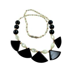 1960s MOP French Jet Delicate Necklace, Two Tone, Black & Cream Colors, Unbleached Nacre Rice Beads, Black Glass, Fan Shaped Dangles,  Mid Century Cho