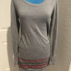 Women’s Soft Gray Long Sleeve Sweater Dress with Fair Isle Hem
