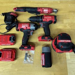 Craftsman 20v 1/2 in. Cordless  Drill/Driver & Impact Driver, Orbital Sander, Variable Speed 3/8in. Ratchet Power Tool Combo Kit  