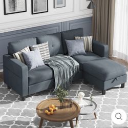 Walsunny 3-Seat Modern Sectional Sofa With Reversible Chaise × 1 Linen Fabric / Dark Grey