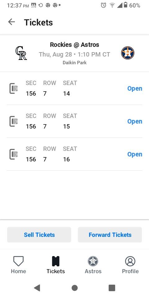 3 Houston Astros Rockies Bullpen Tickets August 28 $20 Each