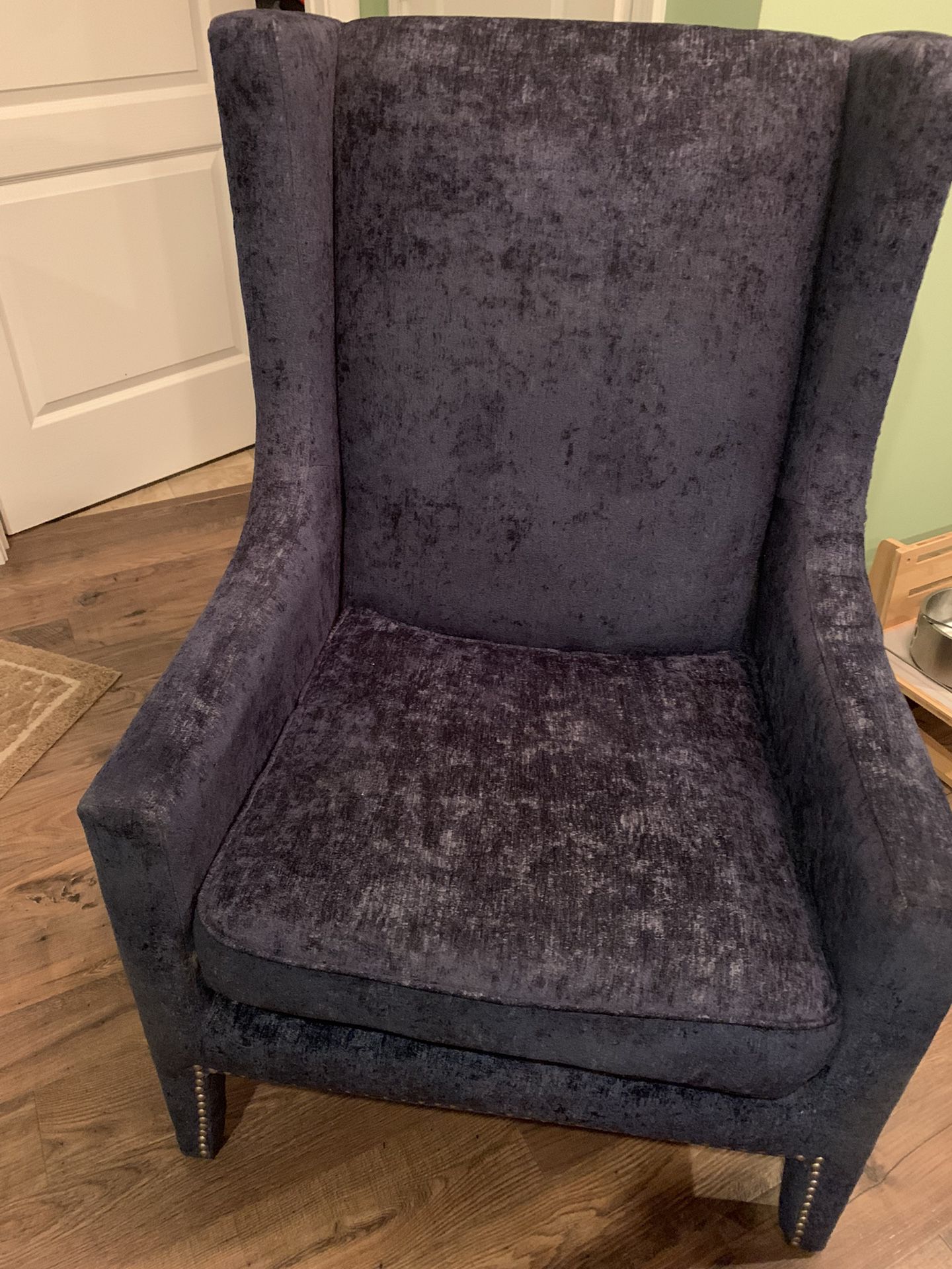 Dark Blue Fabric Chair W/ Silver Nailhead Trim, Wood Frame, Removable Bottom Cushion 