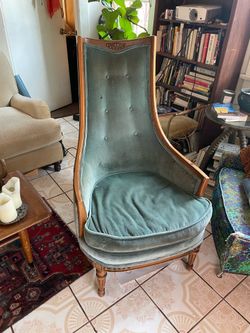 Tall back vintage teal velvet accent chair