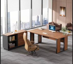 F2111AB 63-Inch Executive L-Shaped Desk with 47-Inch File Cabinet: Large Computer Desk with Storage Drawers and Shelves, Wood Home Office Furniture Se