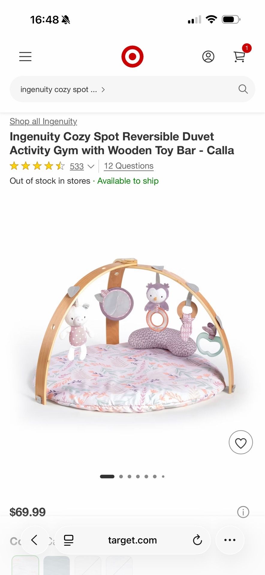 Baby play gym activity mat Ingenuity Cozy Spot Reversible Duvet Activity Gym with Wooden Toy Bar - Calla