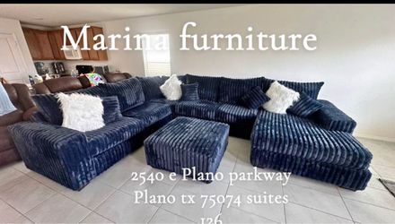 Navy Blue Corduroy Sectional Sofa with Ottoman