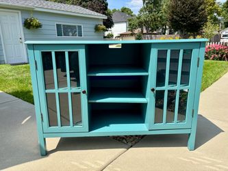 Blue Wood Console Cabinet w Glass Doors