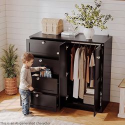Armoire Wardrobe Closet with 4 Drawers and 2 Doors, 43''H Clothing Storage Cabinet Dresser with Hanging Rod, Cothes Wardrobe for Bedroom, Baby Closet,