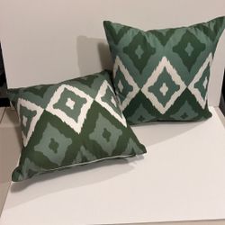 Pair Of Green And White Outdoor Pillows 16” Square