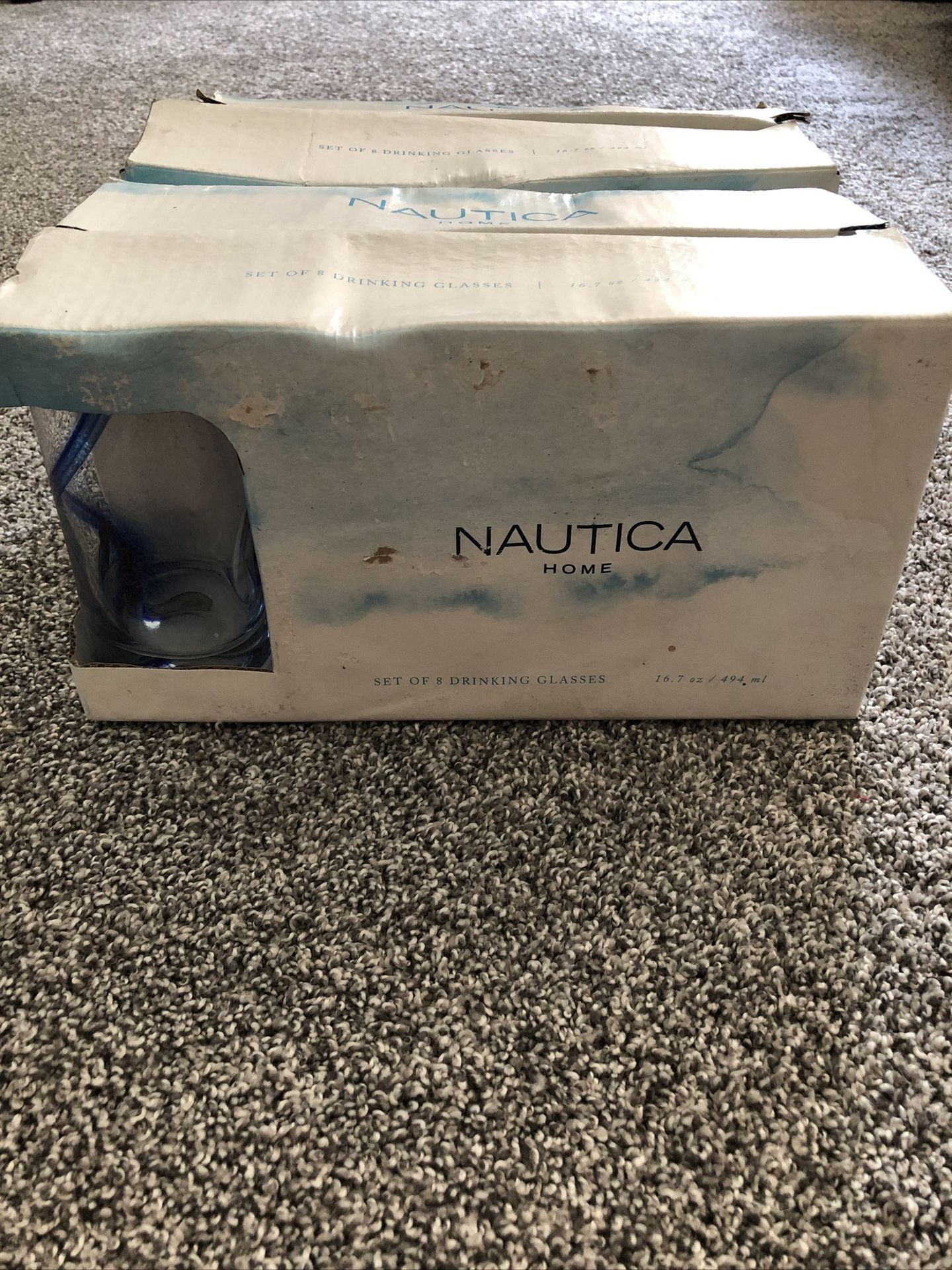 Nautica Home Blue Swirl Dimpled Drinking Glasses - Set Of 16, 16.7oz, NEW, water damage on boxes