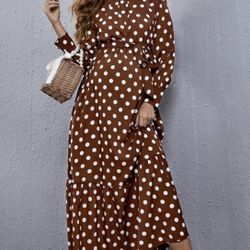 Brown and white polka dot maxi dress with tie waist and long sleeves