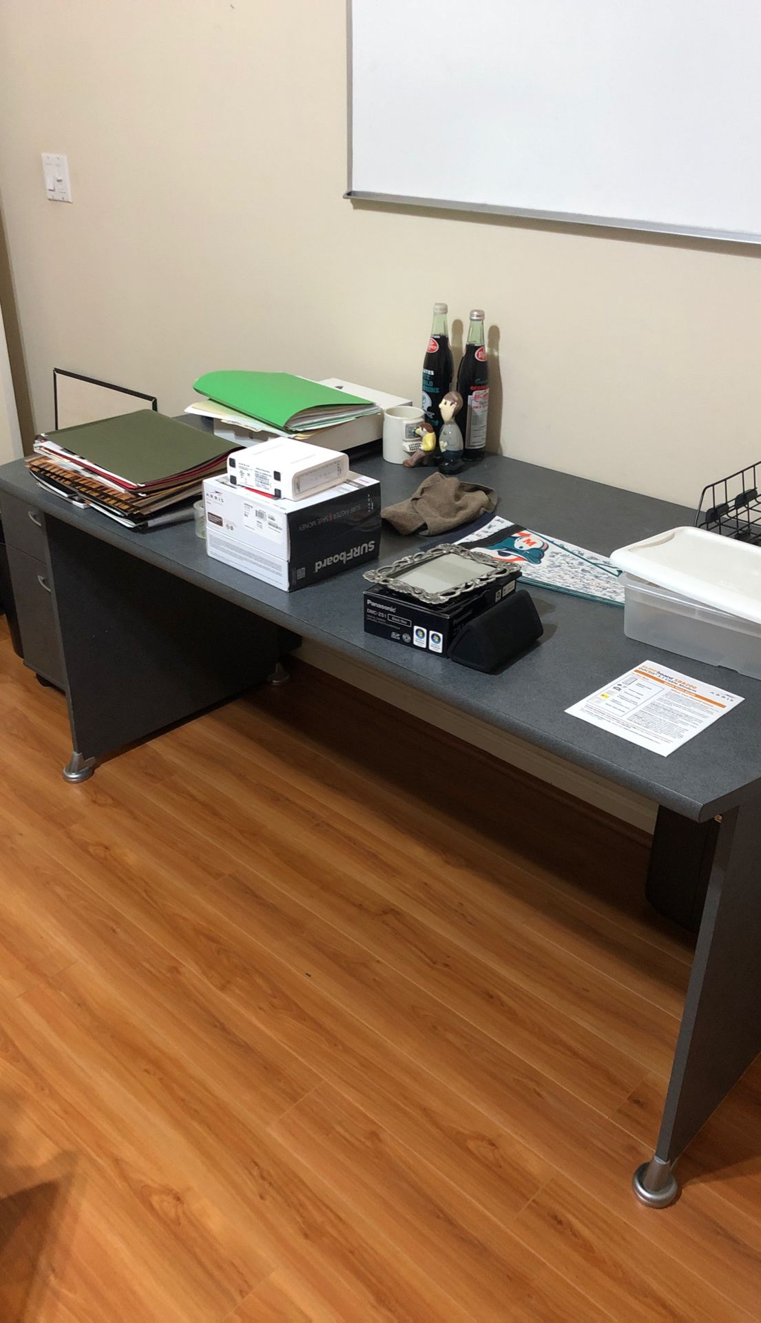 Office desk side chairs and file cabinet