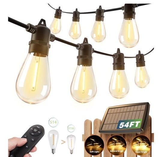 addlon 54FT(48+6) Solar String Lights Outdoor Waterproof with USB Charging & Remote Control - Dimmable Solar Power Patio Lights with LED Bulbs for Por