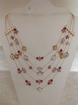 Gold Tone 5 Strands with  Plum Crystals