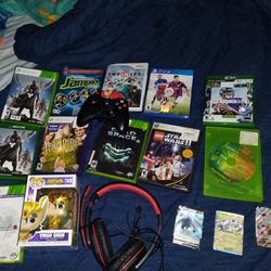 A Bunch Of Games, A Funko Pop, An Xbox 360 Controller, A Headset, And 3 Pokemon Cards.