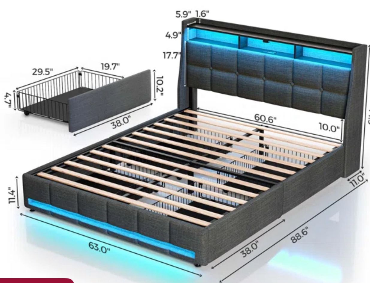 Bed frame with charging station and LED light