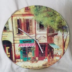 Decorative Clock, French Cafe 'Scenery With Battery Place In The back . Porcelain / Glass. Woodland Hills,Ca 