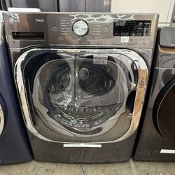 New Open Box LG 5.2 cu. Ft Stackable SMART Front Load Washer in Black Steel with Steam & Turbowash Technology