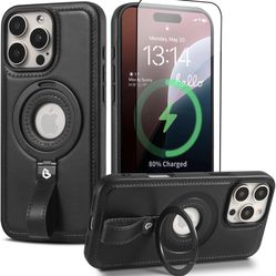 Capture Grip Loop Magnetic Stand for iPhone 16 Pro Max Case with Screen Protector, Protective iPhone 16 Pro Max Case Leather,Compatible with MagSafe,B