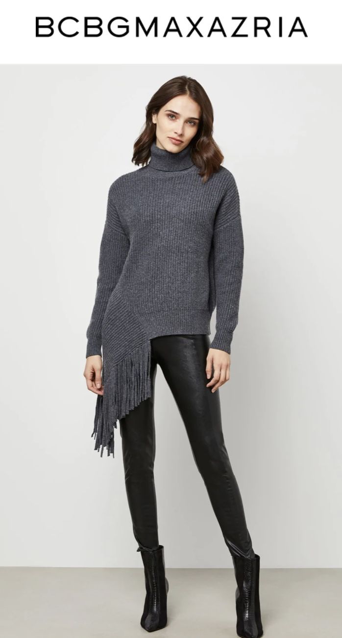 BCBG Asymmetrical Turtleneck Fringe Sweater in Heather Grey XS