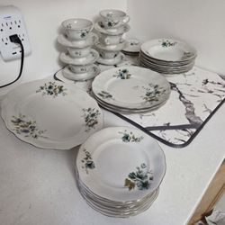 Vintage Karolina Poland China – 34 Pieces – Green Rose Floral w/ Gold Trim