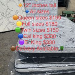 ✨Mattress Pillow Top All Sizes ✨ 🔸12” inches tall 🔹All sizes 🟠Queen sizes $199 🟡Full sizes $180 🟢Twin sizes $150 🔵Cal king $330 🟣E. King $330