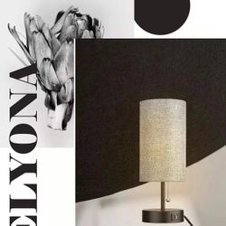 Bedside Table Lamp, Nightstand Lamps with 2 USB Charging Ports & Power Outlet, Modern Gray Desk Lamp Ideal for Bedroom Living Room, Office, Kids Room 