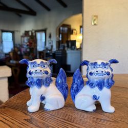 Blue and White Foo Dog Horchow Candle Holders | Chinoiserie Décor 4”