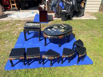 Vintage Asian Lacquer Coffee Table Set with Stools