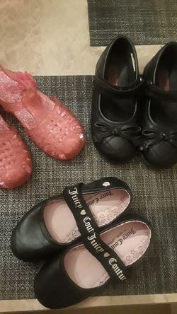 Toodler shoes--1qst 3 pairs size 10 Juicy C.$4, black bow tip$6 , pink sandal $5. Boots size9 $7, pink sneakers light up$6