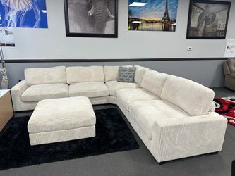 Cream Corduroy Sectional Sofa with Ottoman