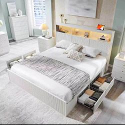 Modern King Bed Frame with Headboard with Lights and Charging Station and 4 Drawers White🌱