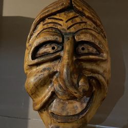 Hand Carved Wooden Face— L6in H1ft W2in