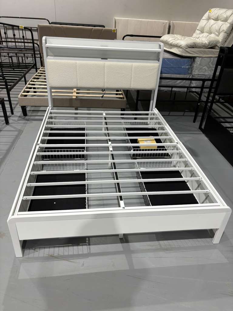M-Bed Frame Full Size, Heavy Duty Metal Slats, White with Charging Station, LED Lights, Upholstered Storage Headboard, with Drawers, No Box Spring Nee