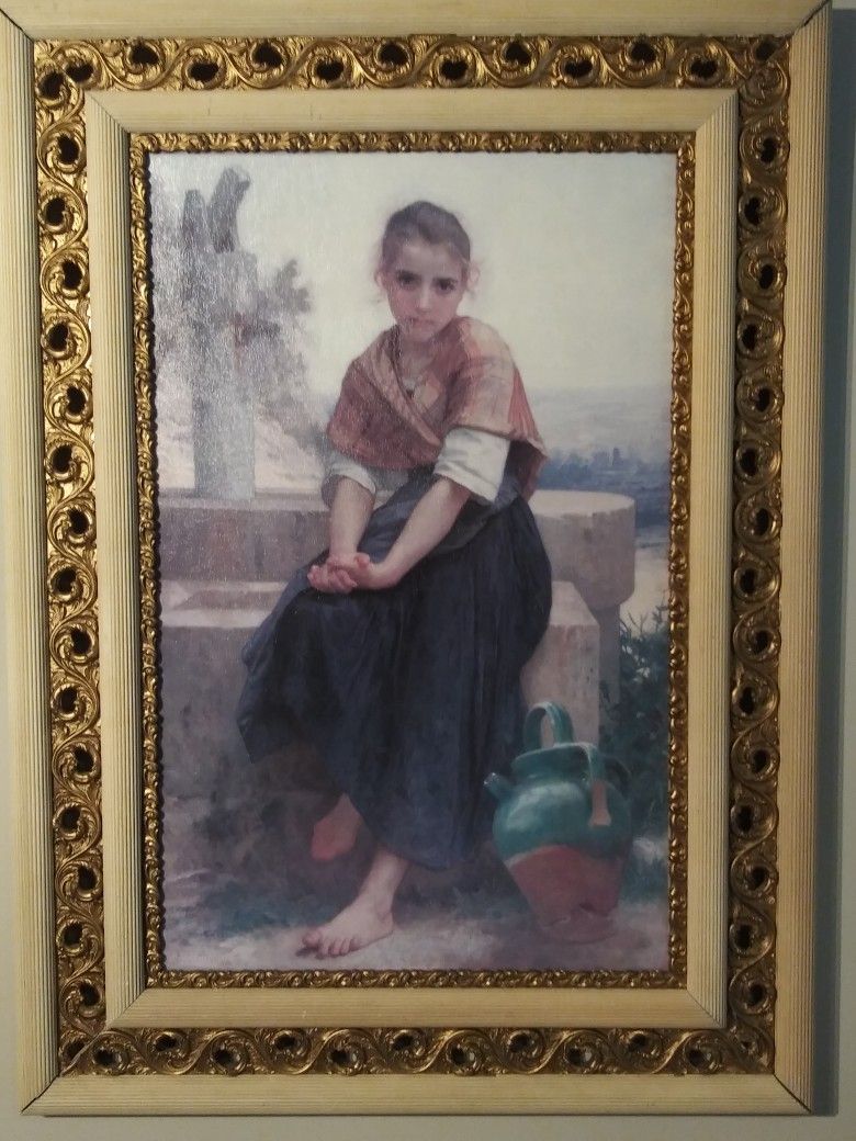 24x36 'Broken Pitcher' By William - Adolphe Bouguereau in ornate antique frame.