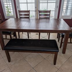 Brown Wooden Dining Table Set With Bench