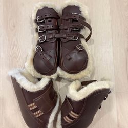 NEW in original package Prestige Italia brown leather sheepskin lined horse & back boots sz M